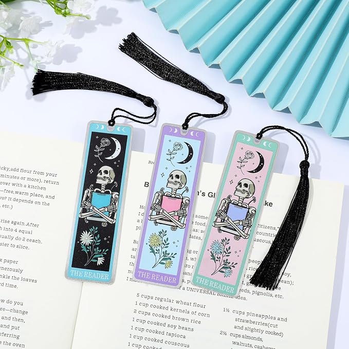 3Pcs Unique Skull Reader Bookmark - Metal Bookmark with Black Tassel, Star and Rose Pattern, Engraved “THE Reader” for Dark Gothic Lovers, Women Readers Fantasy Gift Gothic Gift (3PCS C)