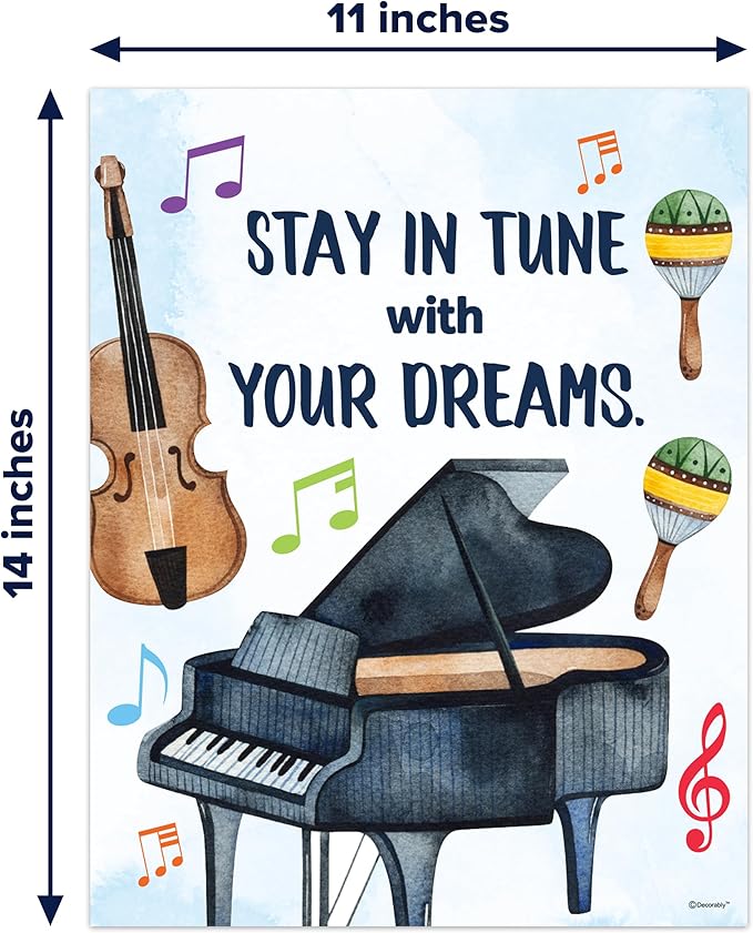 Decorably 15 Music Posters for Classroom Elementary and High School, 11x14in Inspirational Matte-Laminated for Learning Spaces, Hallways, Bulletin Boards, Home Study Room