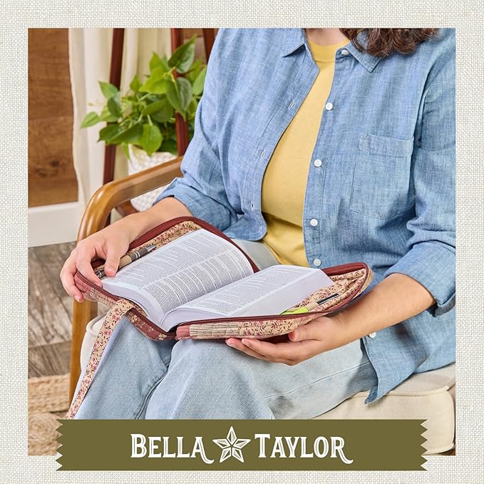Bella Taylor Small Bible Cover for Women - Quilted Cotton Bible Case for 6 x 9 inch Books - Burgundy Patch