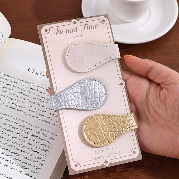 3PCS Vintage Magnetic Leather Bookmark, Leather Magnetic Bookmarks for Women, Magnetic PU Bookmarks Clip Book Accessories, Golden Pattern