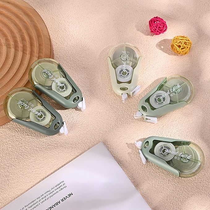 Temiary 5 Pcs White Correction Tapes, Cute White Pull Out Tape for Instant Correction, Aesthetic Correction Tape for Writing, Easy to Use Applicator for School Students Office Supplies (Green)
