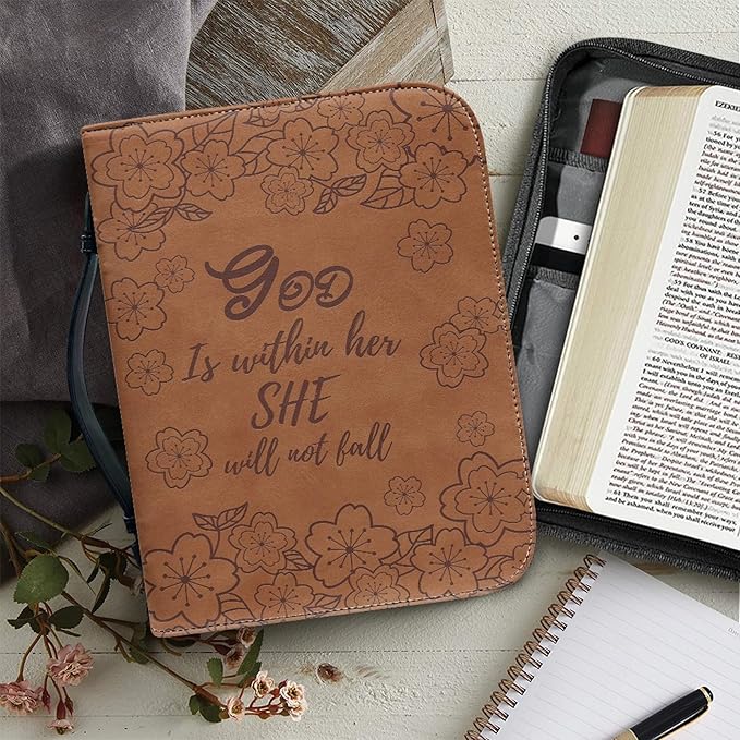 Brown Leather Study Bible Case THE GOD Print Bible Cover Case Women Durable Carrying Book Case Church Bag Bible Study Supplies Accessories Size：2XL