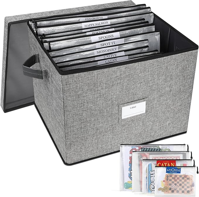 Board Game Storage Box, Board Game Organizer Box with 12pcs Zipper Bags and Writable Stickers, Game Storage Containers with Lid for Office Supplies, Puzzles, Craft Product