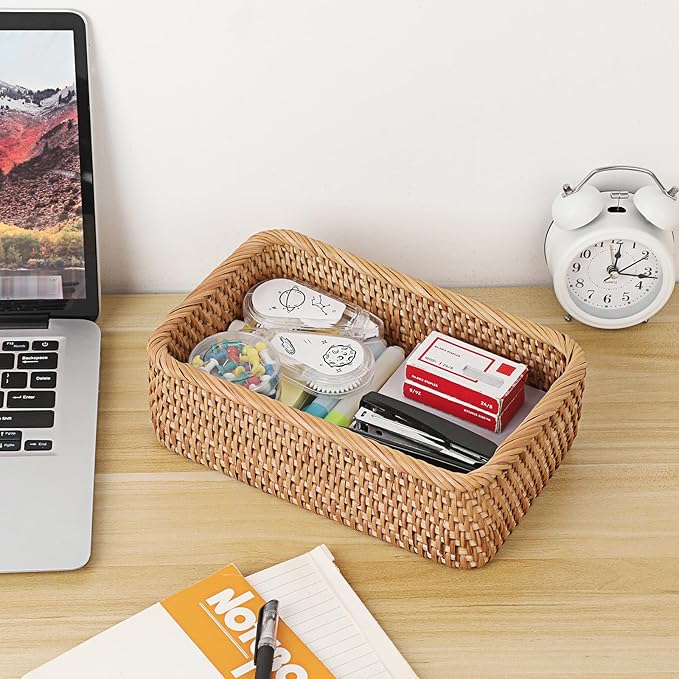 BTSKY Small Remote Basket for Coffee Table Entryway Living Room Rattan Serving Tray 9.6'' x 6.5'' Handwoven Wicker Baskets Decorative Tray for Wallet Remote Control Trinkets Rings Cosmetics Crackers
