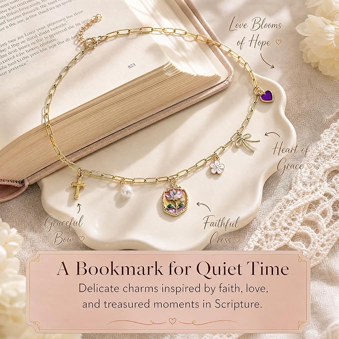 Floral Pearl Heart Bow Bible Charm Chain - Christian Biblebook Accessory Faith Gift, Scripture Bookmark Decor for Bible Spine Edge, Religious Charms for Book Lovers