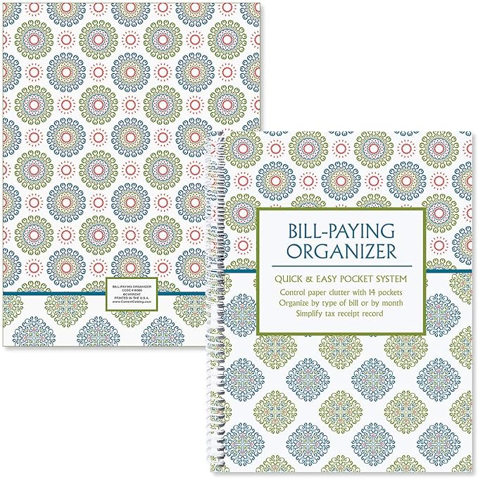 Current Fresh Patterns Bill Paying Organizer Book - 9" x 12” Personal Account Book, Spiral Bound, 14 Storage Pockets, 32 Label Stickers, Monthly Finance & Payment Management Tracker for Home & Office