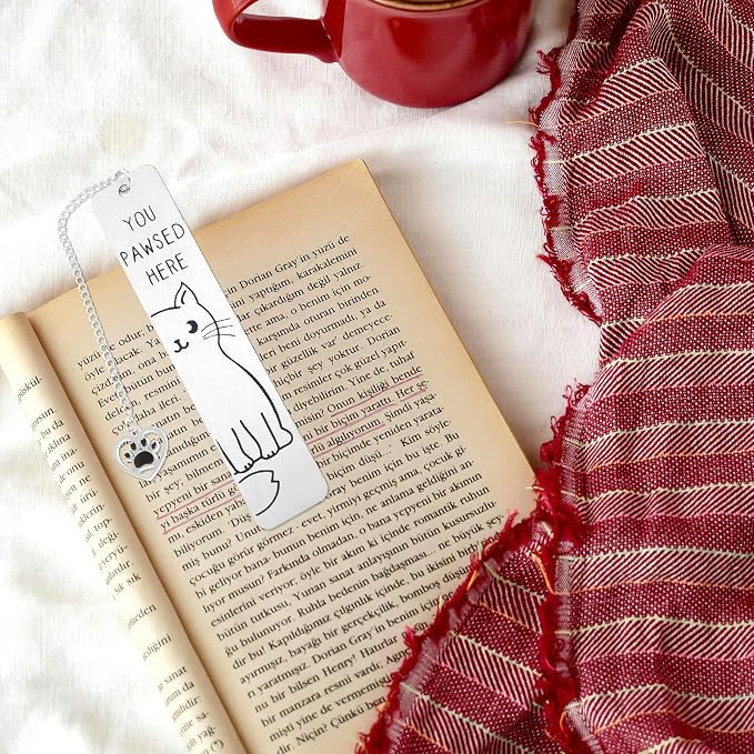 Cat Pendant Bookmark, Cute Cat Gifts Funny Silver Animal Metal Book Marks for Reading Women You Pawsed Here Kitten Bookmark Kitty Lovers Gift for Women Men Readers