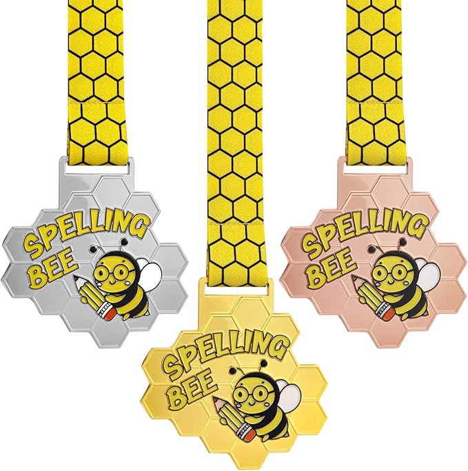 3 Pcs Spelling Bee Medals Honeycomb Gold Silver Bronze Spelling Bee Trophy Awards with Neck Ribbon for Kids Adults Competitions Party Supplies