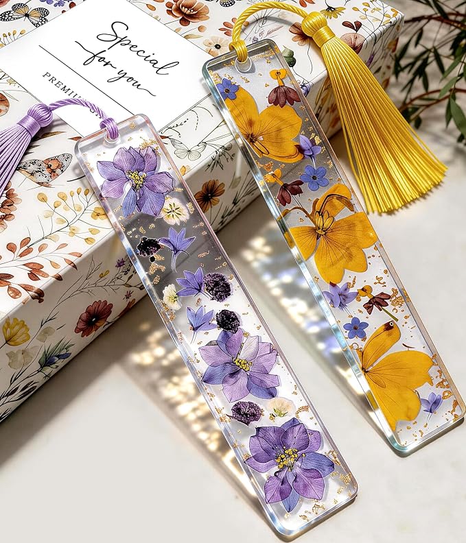 Buleens 2PCS Bookmarks for Women - Purple Yellow Book Marks for Readers Book Lovers, Personalized Handmade Dried Flower Resin Pressed Flowers Bookmark with Tassels, Pretty and Aesthetic