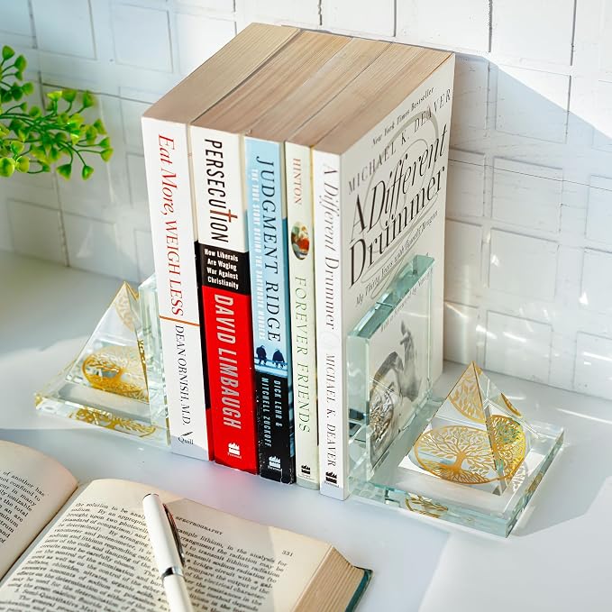 Crystal Bookends for Shelves 1 Pair, Glass Decorative Book Ends for Heavy Books, Non-Skid Book Stopper for Home Office School Supplies