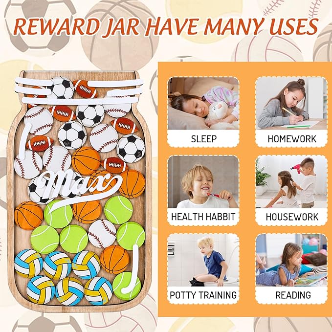 JarThenaAMCS Sport Wooden Reward Jar Wooden Sports Ball Baseball Cutouts Positive Incentive Behavior Chart with Base Management Tools for Back to School Student Teacher Classroom Supplies, 38Pcs