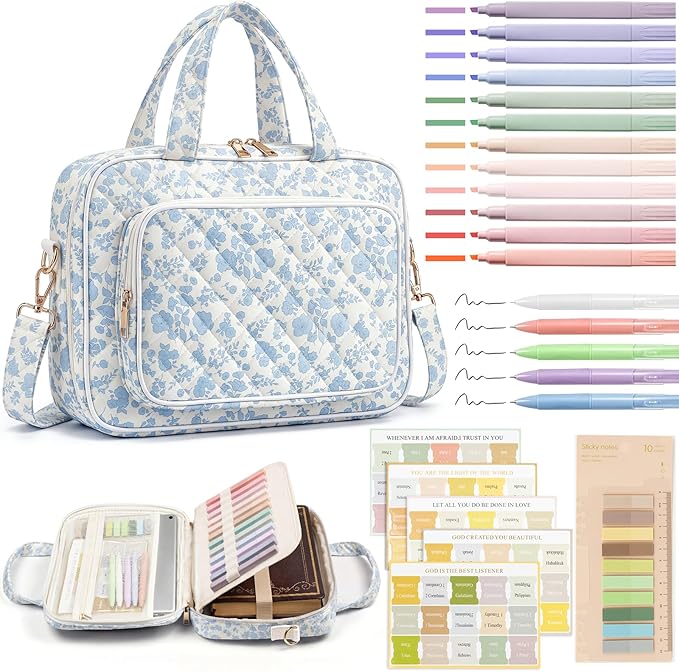 Bible Bag for Women, Large Bible Cover Case with Study Supplies,Girls Carrying Case with Highlighters, Pens, Bible Tabs, Sticky Notes, Christian Gifts for Girls, Mom, Easter Mothers Day Religious Gift