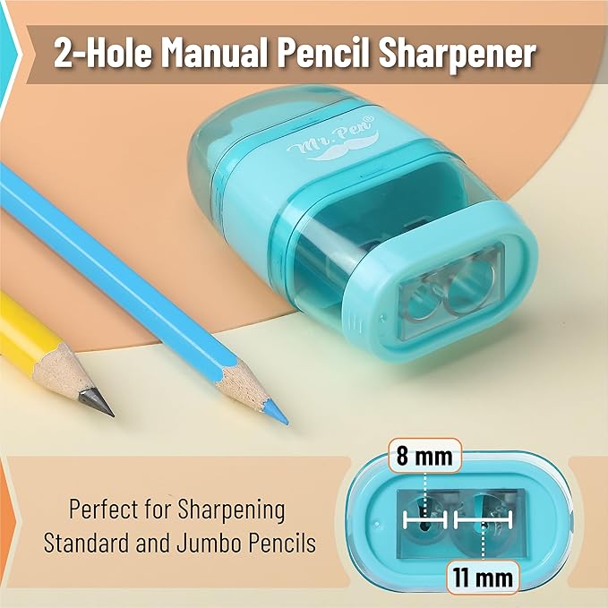 Mr. Pen- Pencil Sharpener & Eraser, 4 Pack, 2-in-1 Manual Sharpeners with Canister, 2 Sharpening Holes for Standard & Jumbo Pencils, Colorful Dual Hole Design for School, Office, Home, Kids