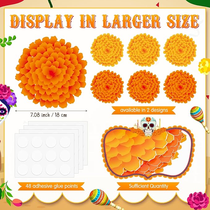 TaoBary 24 Pcs Day of The Dead Decorations Marigold Flower Paper Cutouts 7.09in Dia De Muertos Party Decorations Marigold Flower Bulletin Board Decor for Mexican Halloween Classroom Altar Wall Crafts