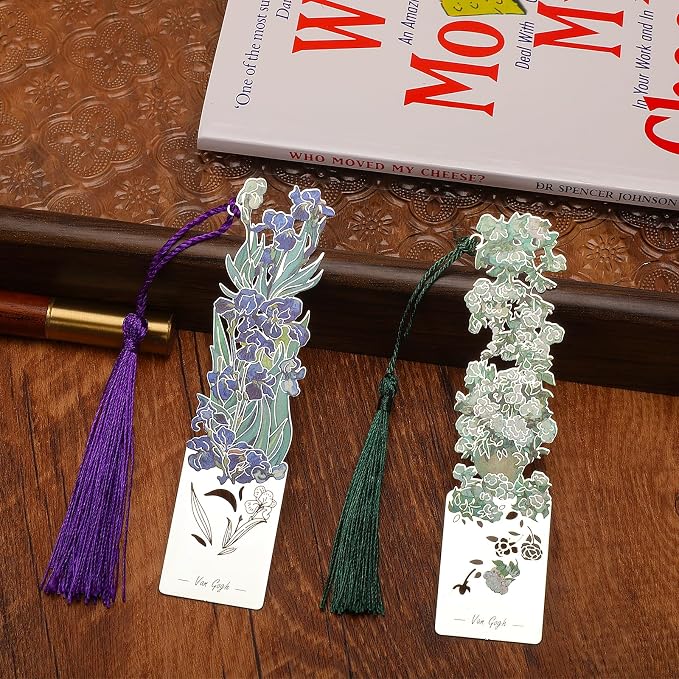 Metal Bookmarks with Tassel - 2 Pcs, Women's Bookmarks - Roses and Irises Design (BKM-046-002)