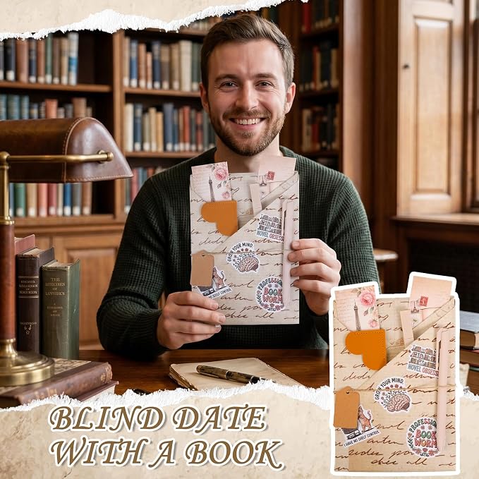 Blind Date with a Book Gift Box 6 Set Blind Book Date Gift Supplies Includes Kraft Paper Tags Bookmark Pens Stickers for Women Book Lover Club Librarian Bookish Reader Gifts (Retro)
