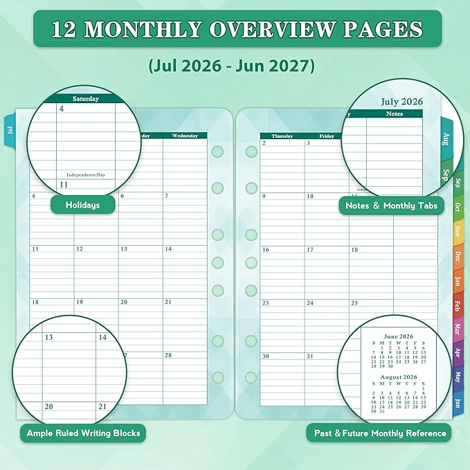 2026-2027 Planner Refills – Jul.2026 - Jun.2027, Two Pages Per Day Daily ＆ Monthly Planner, 5.5" x 8.4" Ring-Bound Organizer, Tabs, Quotes, Prioritized Task, Daily Tracker/Notes, Appointment Schedule
