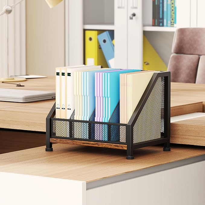 SWTYMIKI Desk Organizer - Paper Organizer, Mesh and Wood Desk Office Organizer, Office Organization and Binder Storage for Workspace, Home, School, Espresso