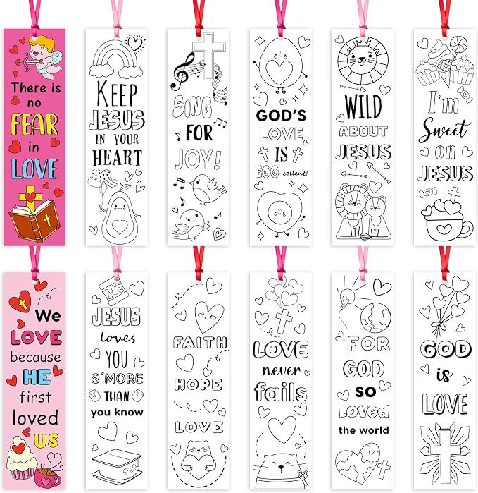 75Pcs Valentine Color Your Own Bookmarks for Kids Christian Theme DIY Coloring Blank Bookmark Classroom Art Craft Supplies for Teacher Student Valentine’s Day Party Reward Goodie Fillers Exchange Gift