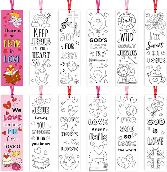 75Pcs Valentine Color Your Own Bookmarks for Kids Christian Theme DIY Coloring Blank Bookmark Classroom Art Craft Supplies for Teacher Student Valentine’s Day Party Reward Goodie Fillers Exchange Gift
