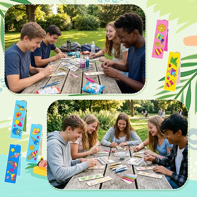AmazingSpark 100 Pcs Ice Cream Wood Bookmarks Bulk DIY Crafts Kit, 50 Set Summer Blank Coloring Bookmarks with Tassel for Classroom Reward Gifts, End of Year Gifts, Summer Birthday Party Favor