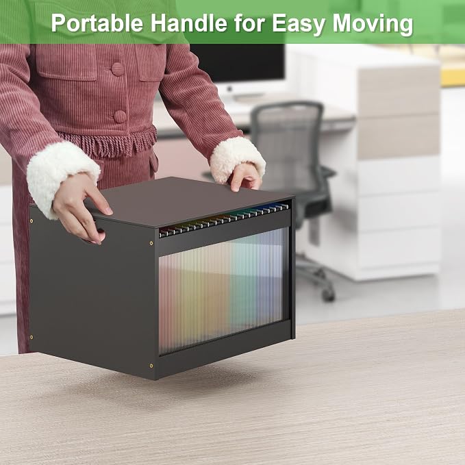 Hanging File Box Organizer for Letter Size, Bamboo Acrylic File Folder Storage with Lid Clear Moving Boxes Wooden with Handle Desktop Filing Holder for Office Banker Document
