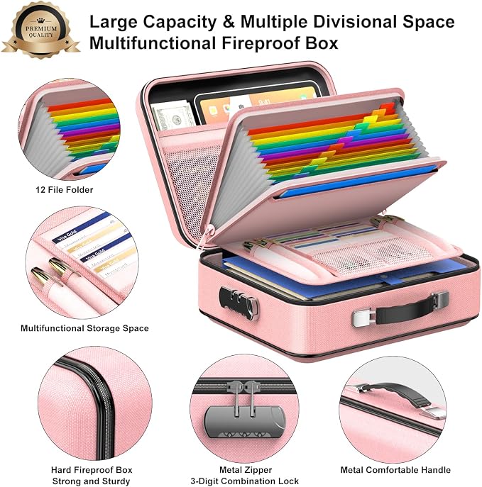 COLCASE Fireproof Document Organizer with Lock, Hard Fireproof Document Box | Hard-Shell Fireproof Waterproof Document Box with Combination Lock Pink