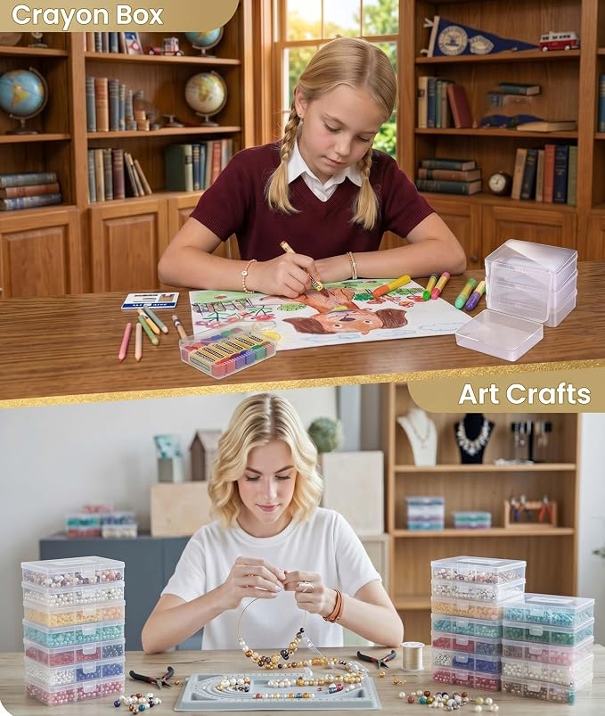 24 Pack Plastic Crayon Boxes with Lids, Clear Stackable Storage Containers for Crayons Bulk, Classroom Organizer, Art Supplies & Small Items