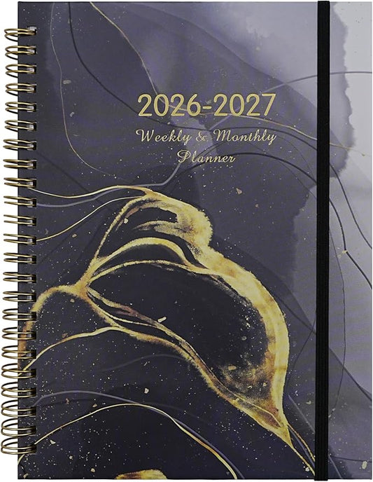 2026-2027 Planner, 12 Months Monthly & Weekly Daily Planner July 2026 - June 2027, 8.5" x 6.2" Hardcover Agenda Organizer with Tabs, Spiral Bound Calendar Notebook for School Work Home, Floral Design (Black & Gilded)