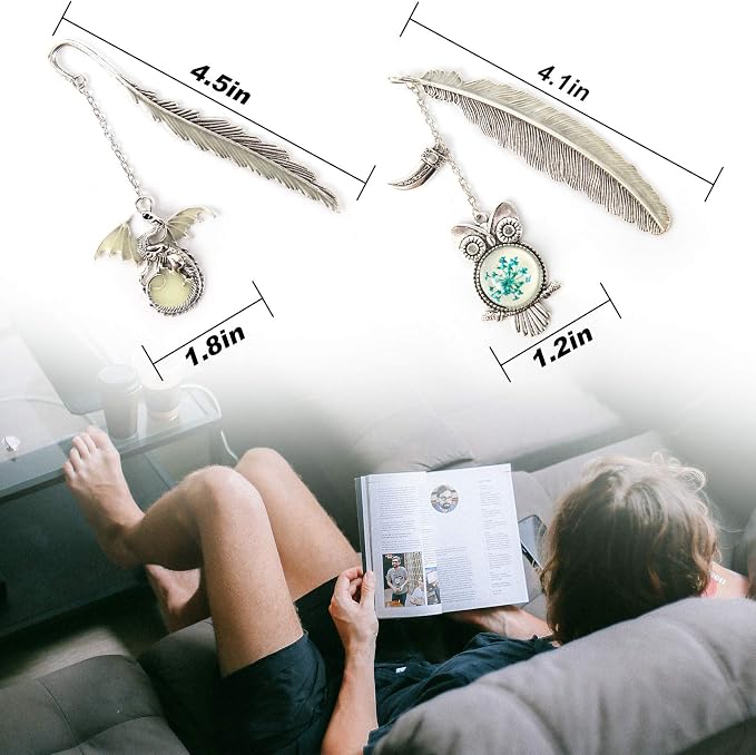 Vintage Feather Dragon Metal Bookmark, Glow in The Dark Dragon Gift, Fantasy Bookmark Gifts, Cool for Women Men, Reading Lovers (Antique Silver Dragon)