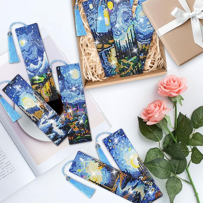 8 Pcs Diamond Painting Bookmark, Leather DIY Book Makers for Adults Book Lovers, Diamond Art Beginners, Small Diamond Art Kits, Paint by Art Crafts Supplies Gift for Girls (Starry Night)