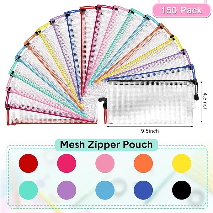Harloon 150 Pack Pencil Pouch Bulk Gifts Back to School Mesh Zipper Pencil Cases 9.5 x 4.5 Inch Small Clear Holder Storage Multipurpose Cosmetics Toiletry Bags for Office Bill Travel(10 Colors)