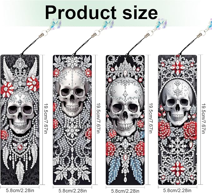 4 Pcs DIY 5D Diamond Painting Bookmark Kit - Special Shaped Crystal Rhinestones, Rose Skull Diamond Art Bookmarks with Crystal Pendant Tassels, Handmade Decorative Bookmarks Gift Set for Book Lovers