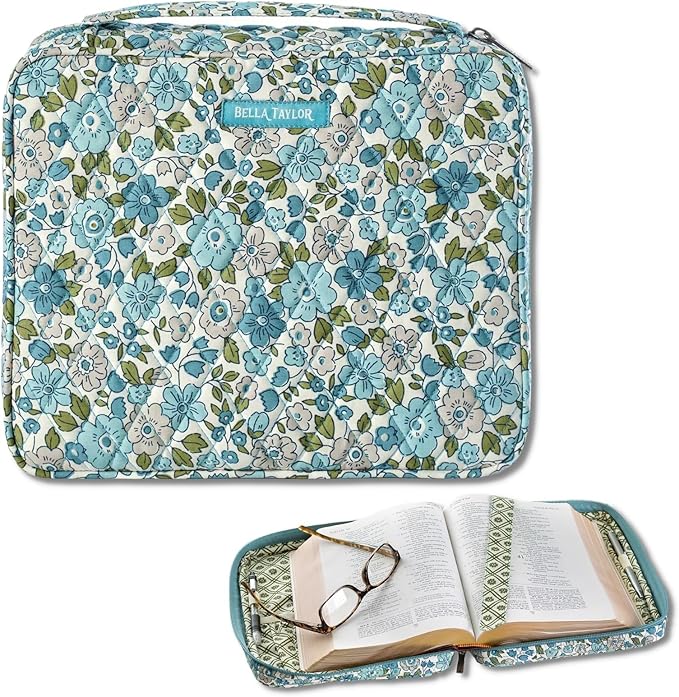Bella Taylor Quilted Bible Cover for Women - Large Study Bible Case - Delicate Floral Blue