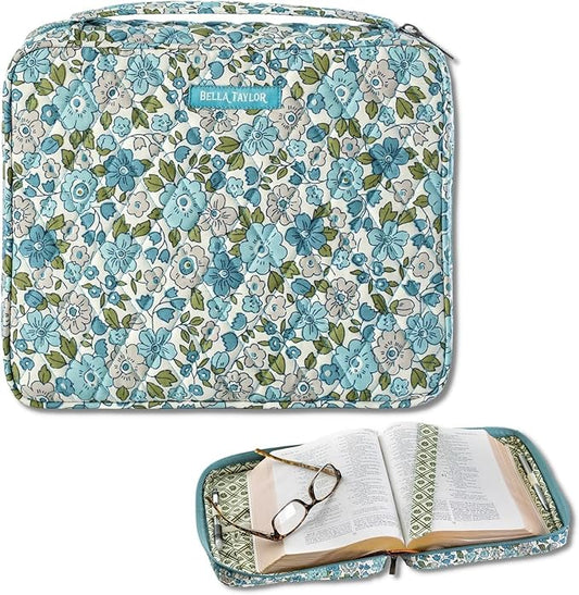 Bella Taylor Quilted Bible Cover for Women - Large Study Bible Case - Delicate Floral Blue