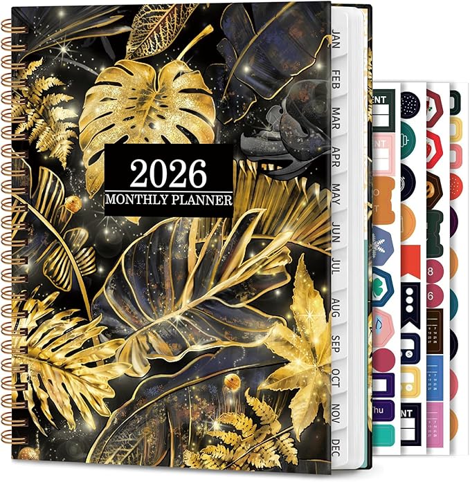 Planner 2026 - Weekly and Monthly Calendar Academic Planner, 2026 Yearly Daily Calendar Planning Agenda Book with Month Tabs, Jan to Dec 2026, With Stickers for Home Office School, 6.5" x 8.5" (Golden leaves)