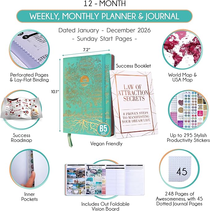 Deluxe 2026 Planner Weekly and Monthly | Law of Attraction Planner with Productivity App | 12-Month for Productivity, Gratitude & Goal Setting | Includes Foldable Vision Board, Gift Box & Stickers