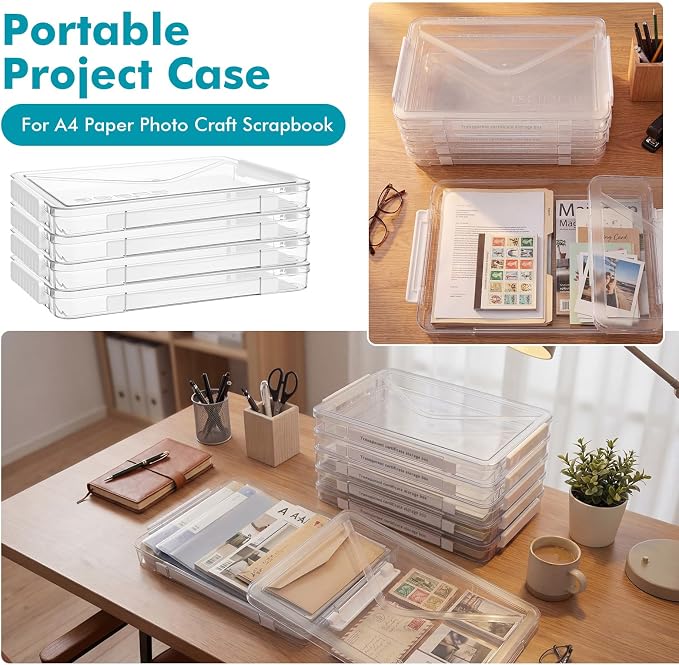 Novabright 5 Pack Clear Plastic File Boxes with Handle Portable Project Case Paper Storage Bin with Lid Transparent Stackable Container Document Magazine Protector for A4 Paper Photo Craft Scrapbook