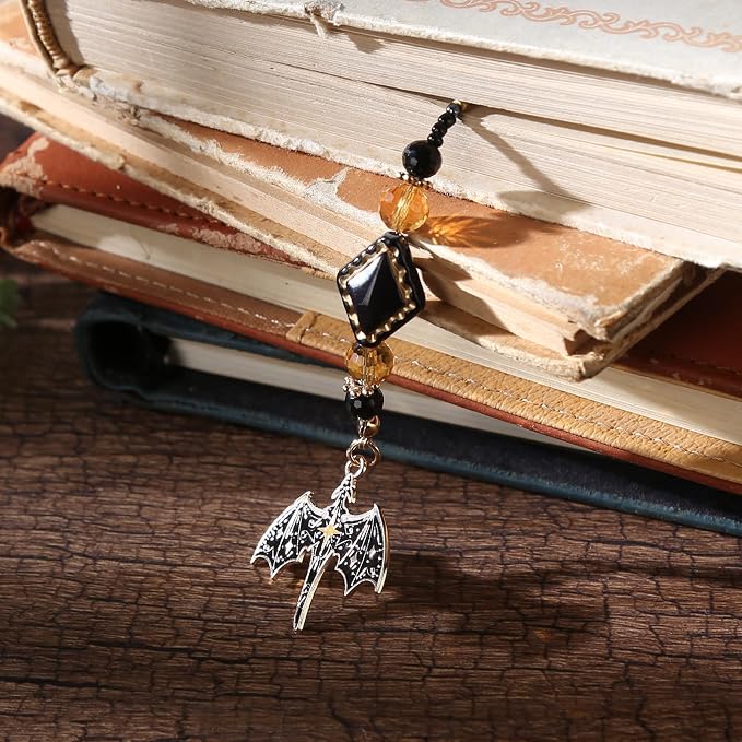 Black Dragon Wing Beaded Bookmark - Fantasy Gothic Beads Book Mark for Women & Men, Unique Aesthetic Accessories Bookish Gifts for Booklovers Students Teachers