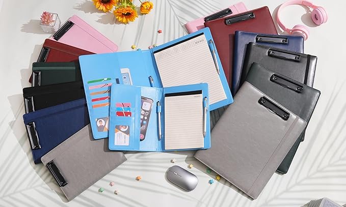Wonderpool A5 PU Leather Clipboard Partfolio Notepad Forms Holders Document Case - Interview Planner Meeting Writing Padfolio File for Office Travel School Hotel (Sky Blue, A5)