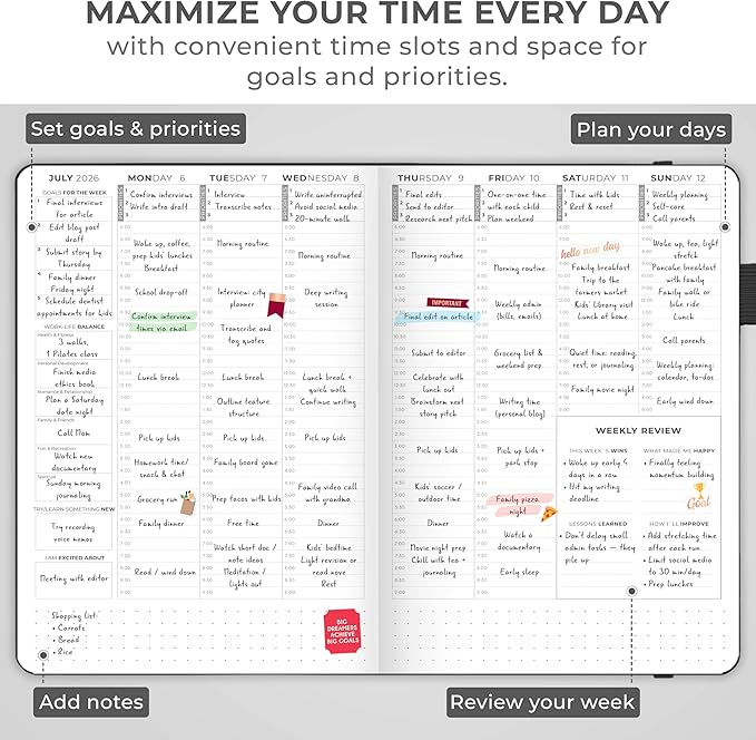Clever Fox Dated Hourly Weekly Planner 2026 – Daily, Monthly & Yearly Agenda Organizer with Time Slots – Hardcover Journal, A5 Size (Black)