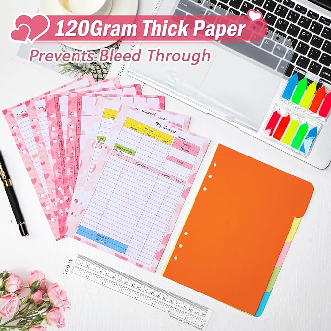 Toplive 7 Pack A5 Planner Inserts Monthly Weekly Planner Refills Paper 6 Ring Expense Budget Sheets with Cash Envelopes Divider Ruler Stickers, for A5 Planner Binder Cover, Pink Heart