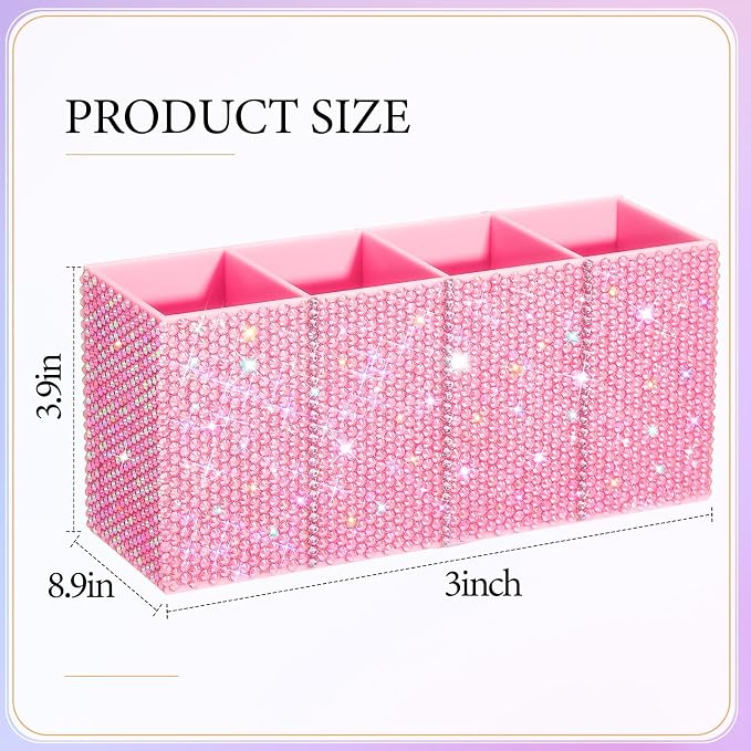 Bling Desk Organizer for Women, Rhinestone Pen Makeup Brush Holder, Girly Desk Accessories Organizer for Office Classroom Elevate Your Workspace with Serenity(Rhinestone,Pink)