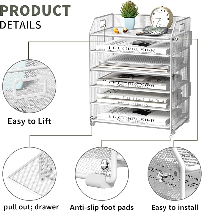 6 Trays Paper Organizer Letter Tray with Pull-Out Drawer, Assembled Mesh Desk File Holder, Metal Paper Sorter for Office Documents, White