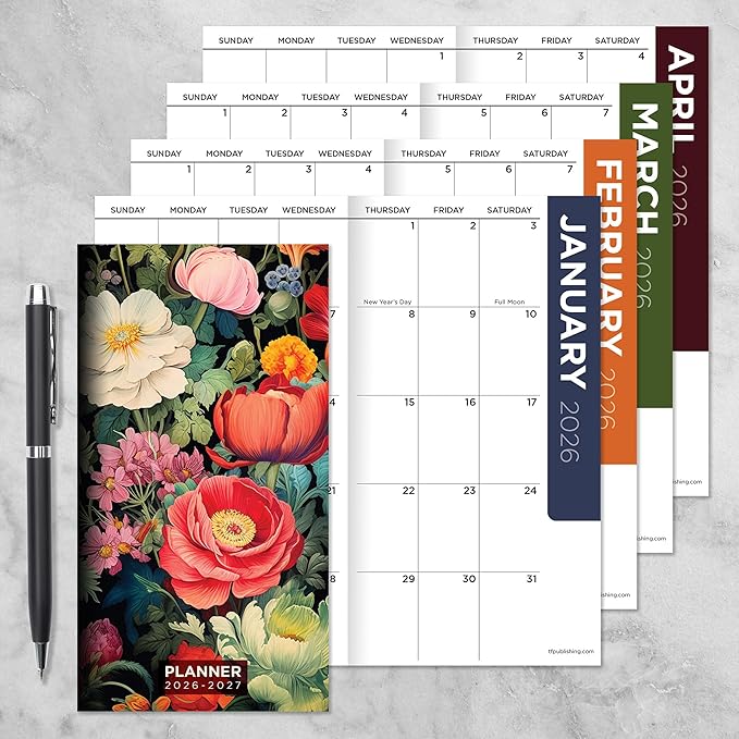 TF Publishing 2026-2027 Vintage Blooms Small Monthly Pocket Planner with 2 Page Large Calendar Grid and Lined Notes Section - 2 Year Pocket Calendar 2026-2027 Perfect for Purse - 3.5in x 6.5in