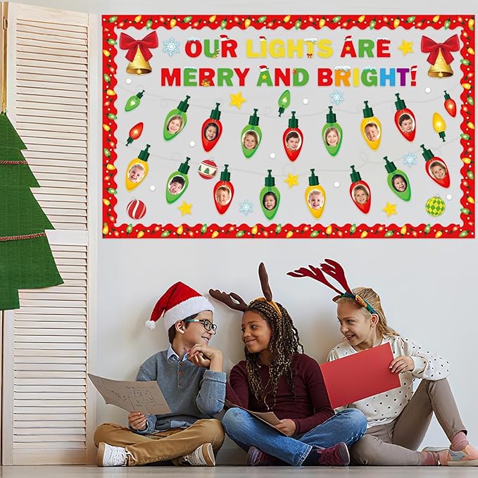 Christmas Bulletin Board Set Xmas Merry and Bright Classroom Decorations Light Bulb DIY Photo Paper Cutouts Winter Holiday Bulletin Board Border for School Wall Xmas Party Decor Teacher Supplies