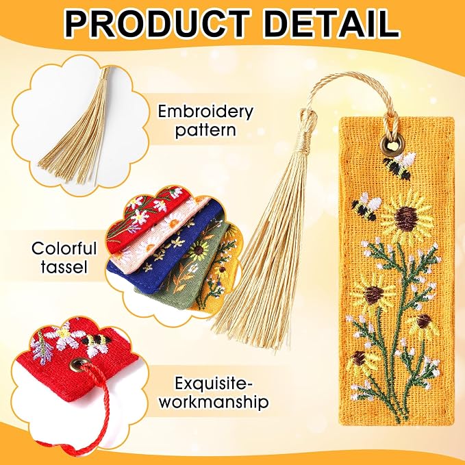 Skyygemm 5 Pcs Floral Embroidered Bookmarks with Tassels for Women Cute Handmade Flower Bookmark Bulk Linen Hand Embroidered Bookmark, Unique Book Lovers Gifts for Women Reading Lovers