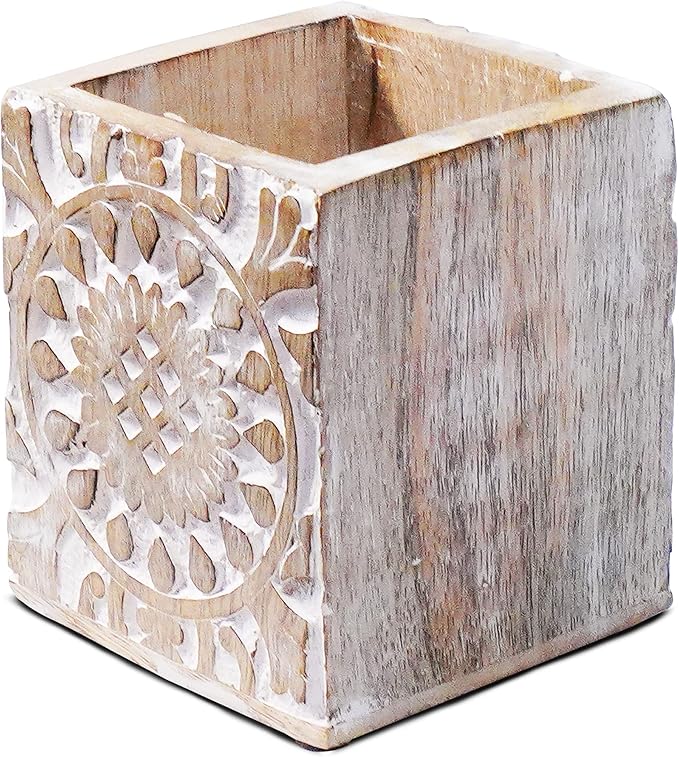 Mela Artisans Wooden Pen Holder, Whitewash Pencil Cup, Hand Carved Mango Wood Desk Organizer for Pens, Pencils, Makeup Brushes and Art Supplies, Library Decor with Felt Base, 3.5 x 3.5 x 4 in - Ajenta