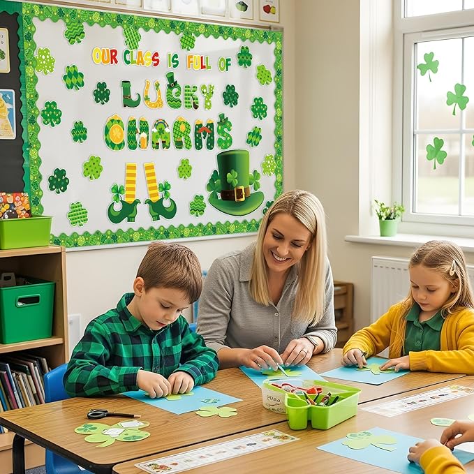 St.Patricks Day Bulletin Board Decorations Set Lucky Shamrock Borders Cutouts Our Class is Full of Lucky Charms Bulletin Board Borders for Green Irish Holiday School Home Chalkboard Wall Door Decor