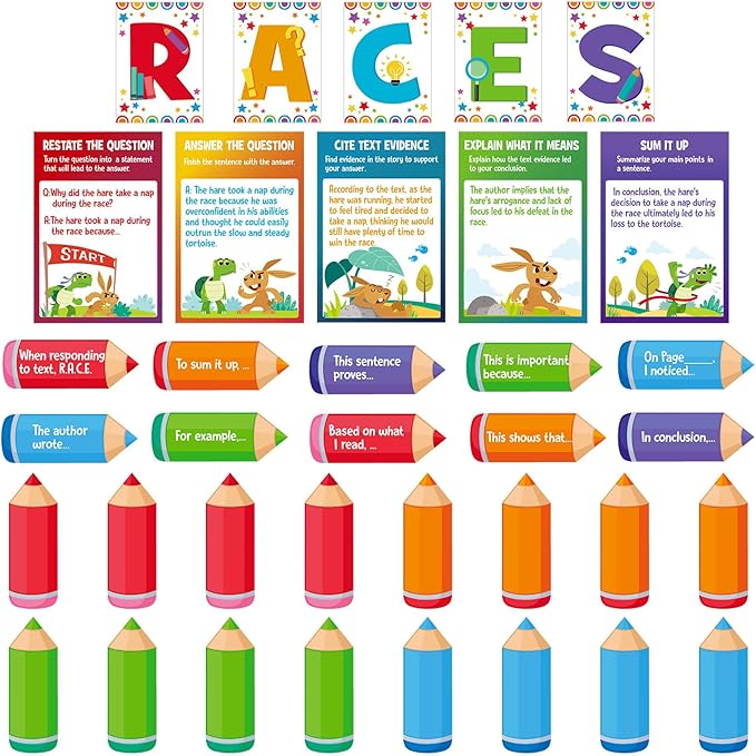 Outus 36 Pcs RACES Writing Strategy Bulletin Board Poster Set, Alphabet Cutout and Writing Posters, Pencils with Sentence Beginning and Blank Pencils for Elementary School Classroom Wall Decoration